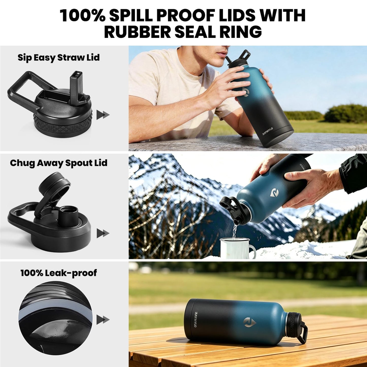 RAYMYLO Insulated Water Bottle 87 oz, Triple Wall Vacuum Stainless Steel (Cold for 48 Hrs), Leak Proof & Non-BPA, Modern Water Flask Jug with Paracord Handle & Straw Spout Lids, Indigo/Black