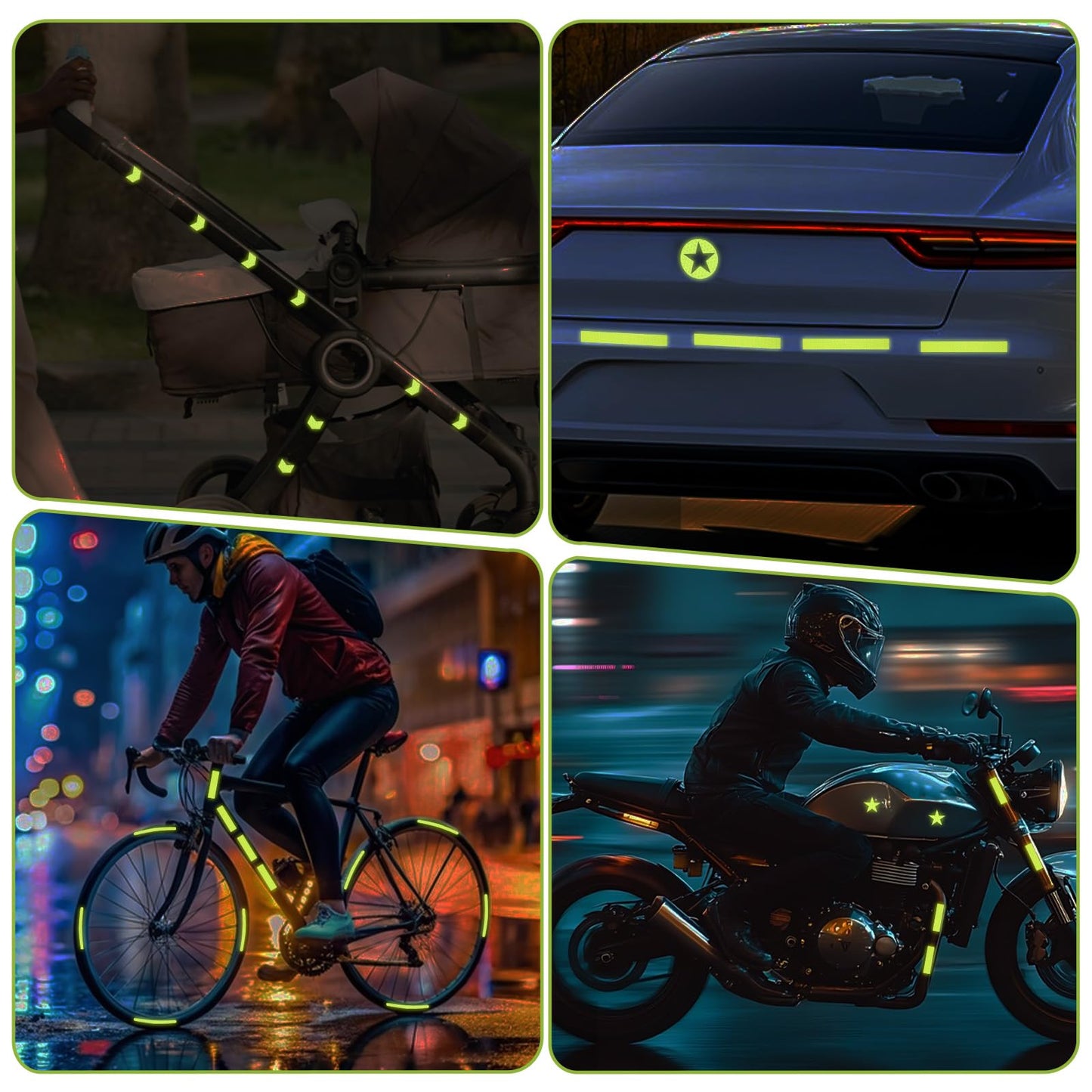 Prasacco 42Pcs Reflective Stickers, Helmet & Bicycle Safety Tape, Night Visibility Reflectors Bike Reflective Tape Car Reflector Sticker for Motorcycle, Scooter, Driveway, 8 Shapes(Green)
