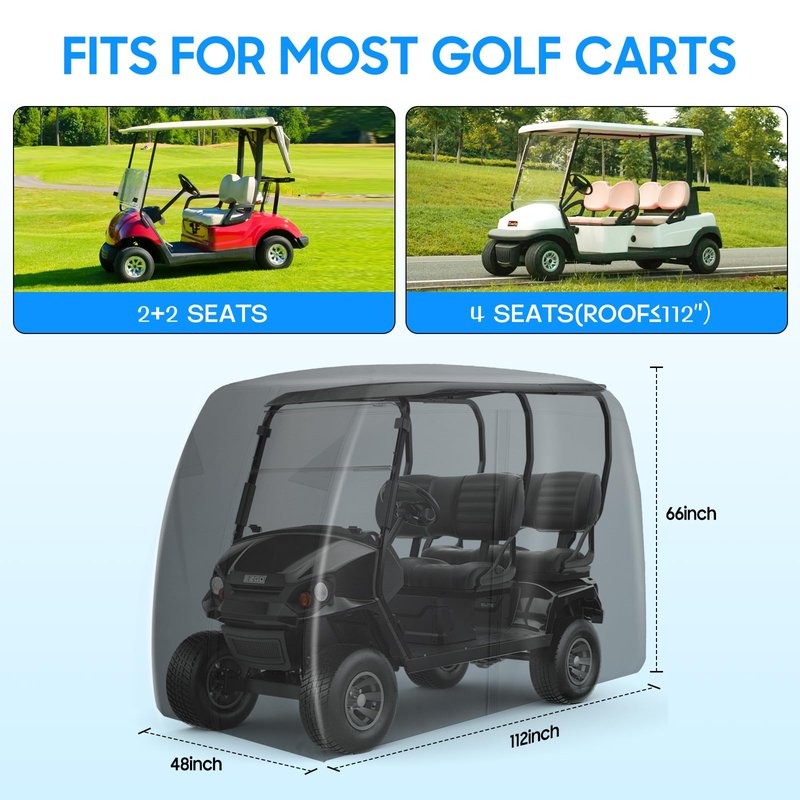 SaolGllS Golf Cart Cover for 4 Passenger, Heavy Duty 420D Waterproof Golf Cart Accessories, Fits EZGO Club Car Yamaha with Extended Roof, Windproof UV Protection Golf Cart Covers,Black