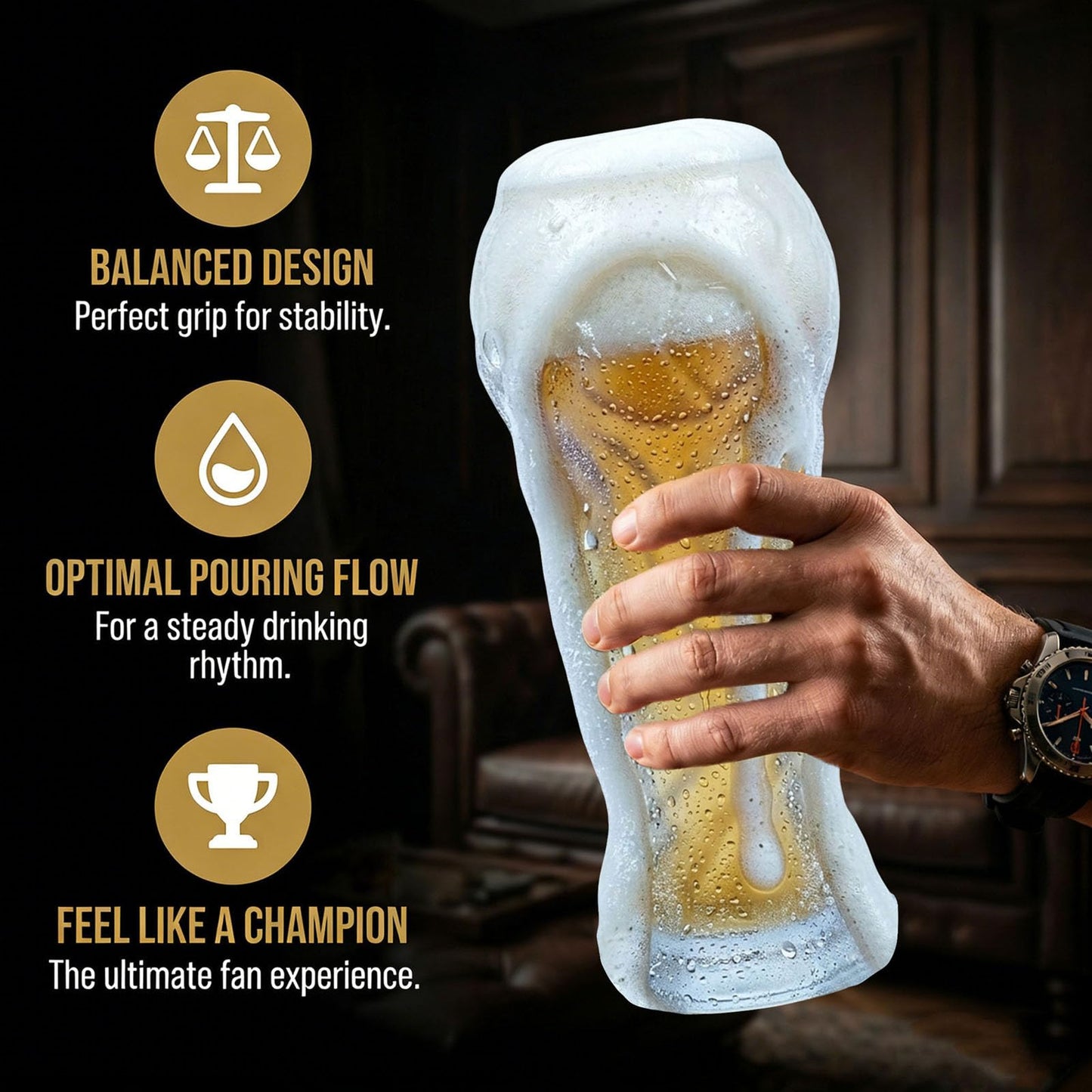 EXQUILEG Soccer Trophy Beer Glass - 16.9oz Durable Glass - Elegant Football Gift for Men, Dad, Father's Day, Birthday & Game Day - Perfect for Everyday Enjoyment (Clear)
