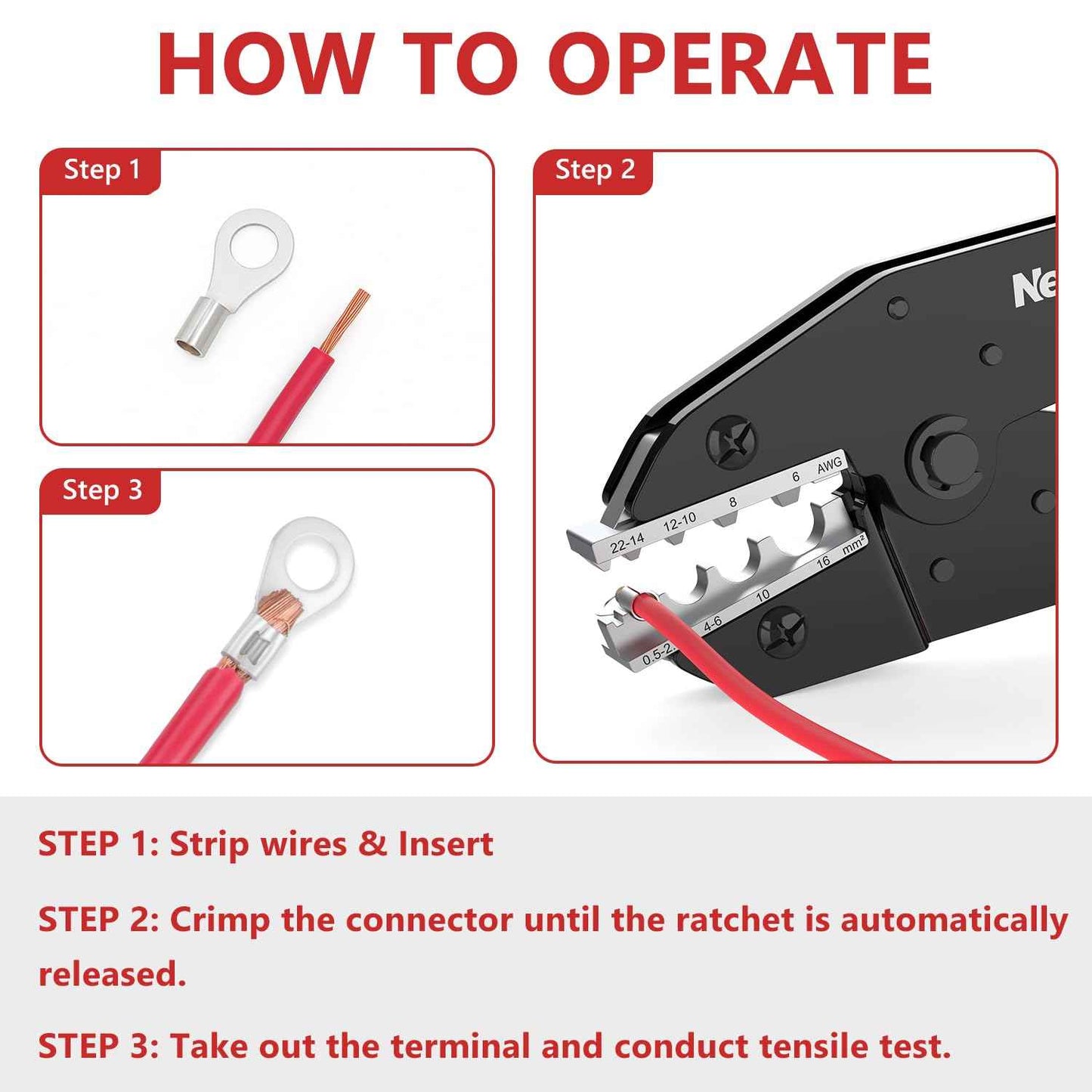 Newdeli Wire Crimping Tool for Non Insulated Butt Wire Connectors - AWG 22-6 Ratchet Wire Crimper Tool Electrical Non Insulated Ring Terminals Ratcheting Crimping Plier Crimp Tool