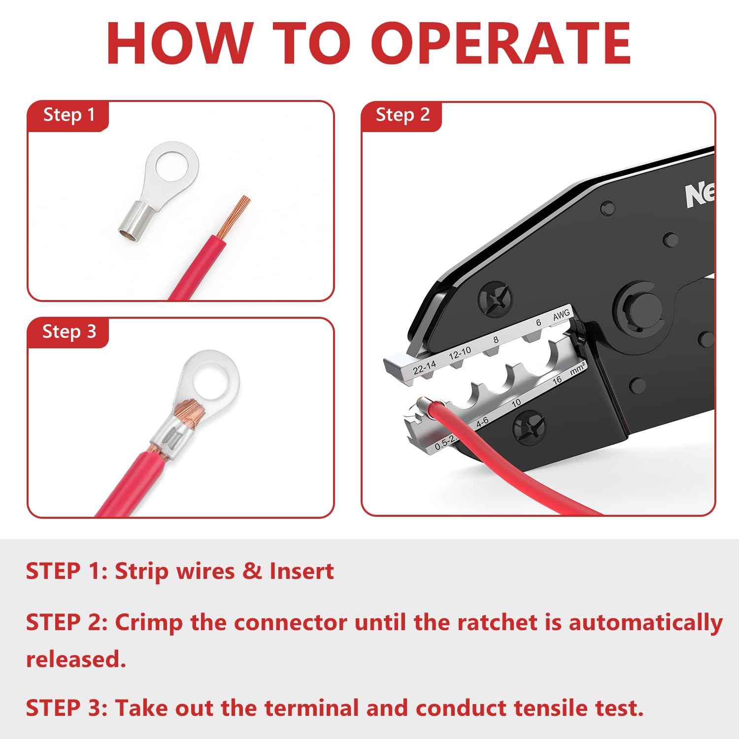 Newdeli Wire Crimping Tool for Non Insulated Butt Wire Connectors - AWG 22-6 Ratchet Wire Crimper Tool Electrical Non Insulated Ring Terminals Ratcheting Crimping Plier Crimp Tool