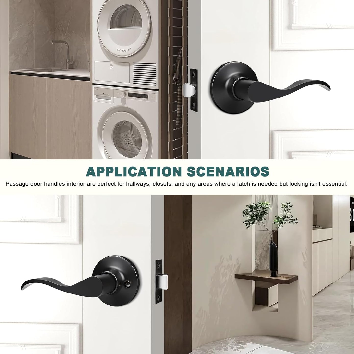 Black Privacy Door Levers - 6 Pack Keyless Modern Wave Handles for Bedrooms