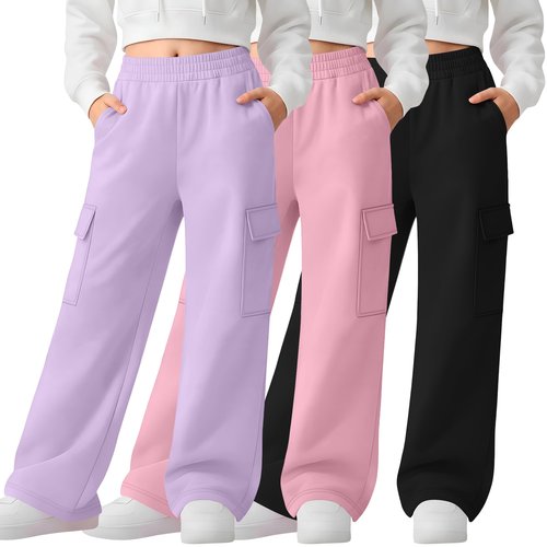 LessonZoo 3 Pack Girl's Lightweight Wide Leg Sweatpants Cargo Pants Baggy High Waisted Joggers Teen Girl Pants with Pockets(Light Purple, Pink, Black,9-10 Y)