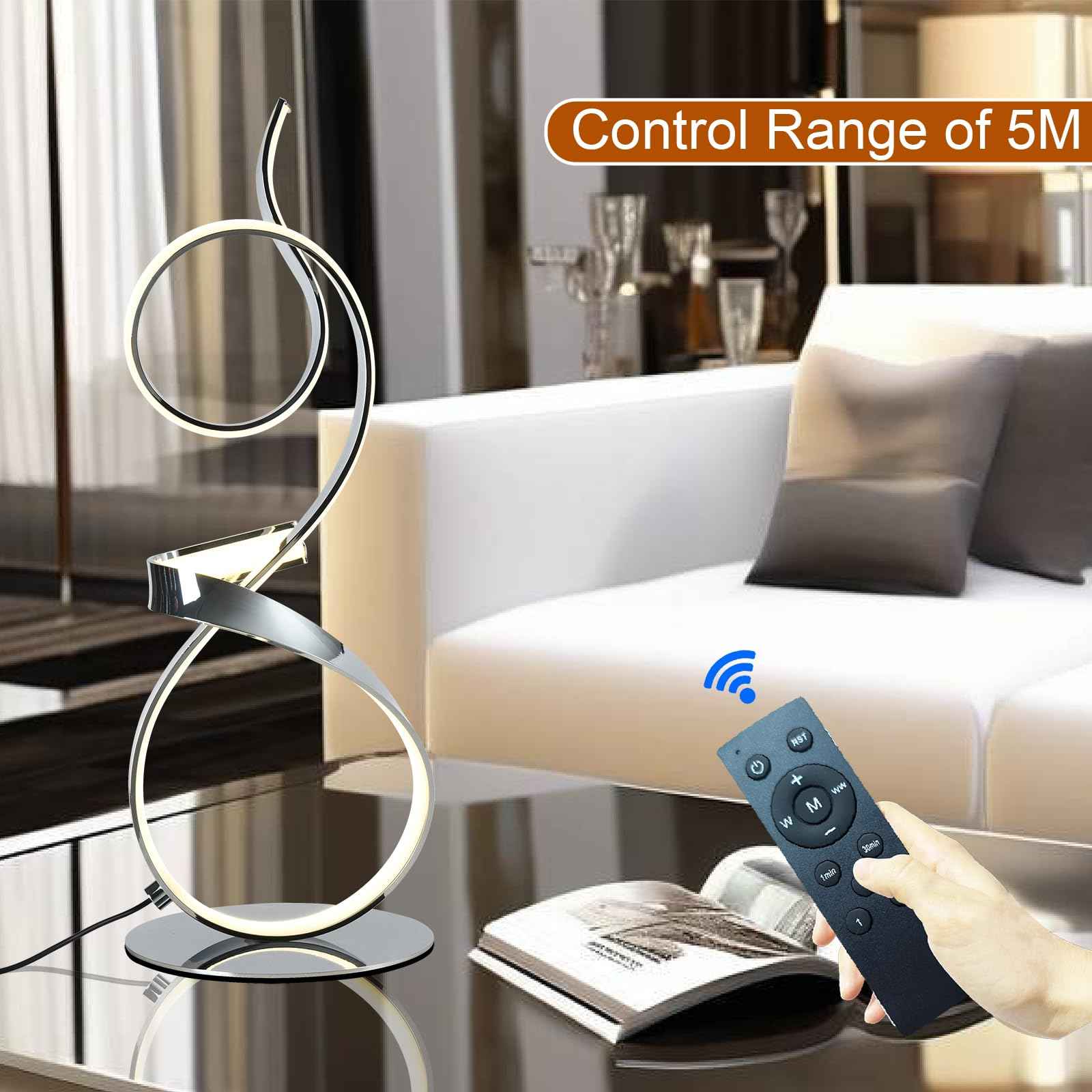 AooLiWang 21inch 20W 2700LM Modern Upscale Desk Light 3 Color Wireless Remote Control Dimmer Table Lamp for Living Room,Bedroom (Chrome Finsh)