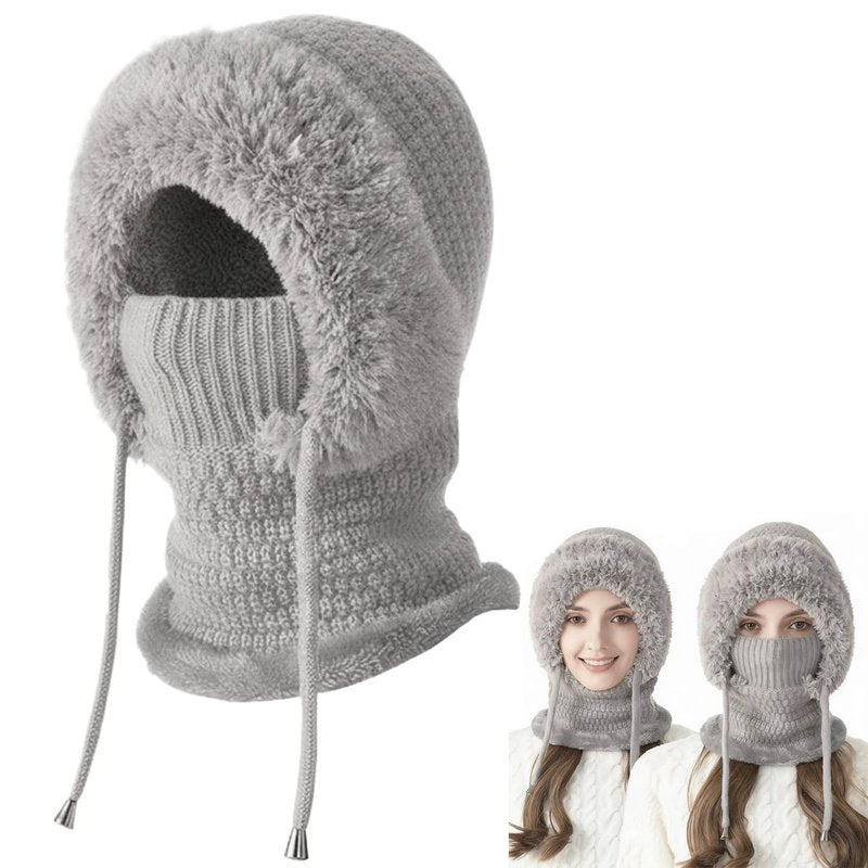 3 in 1 Beanie Hat with Scarf and Mask for Women, Winter Ski Mask & Neck Gaiter Set, Knitted Balaclava Hats for Cold Weather Gray