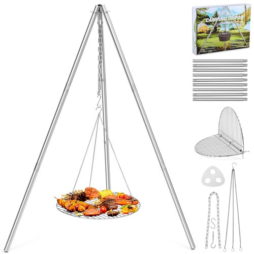 Joyfair Campfire Camping Tripod Grill Grate(17” Dia.), Heavy Duty Stainless Steel Openfire Tripod with Over Firepit Rack Camp Equipment, Adjustable Height Stand for Outdoor BBQ Cooking Grilling