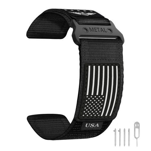Rugged Nylon Bands with Stars - Stripes Flag Design for Garmin Instinct 2 Solar/Instinct 3 45mm/Instinct, 22mm Sport Breathable Wristband for Garmin Instinct Tactical/E 45mm/Tide/Esports (Black)
