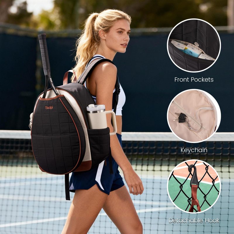 Sucipi Tennis Bag, Tennis Backpack for Women with Shoe Compartment, Quilted Professional Tennis Racket Bag with Cup Holder for Pickleball Badminton
