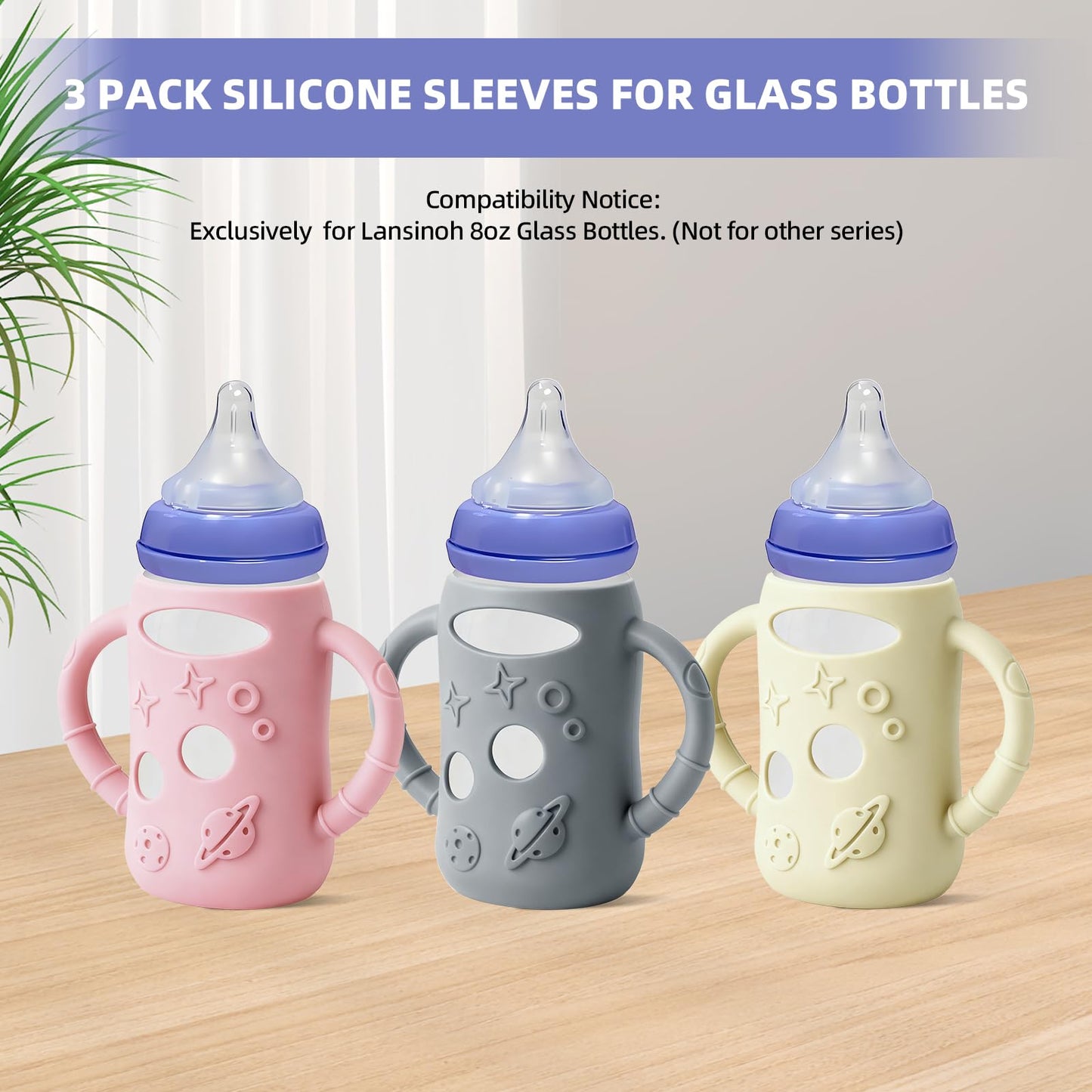 Lionpower 3 Pack Silicone Sleeves for Lansinoh Glass Bottles (Old Style)8oz – Protective Covers with Handle, Non-Slip Baby Bottle Holder, Compatible with Lansinoh Bottles (Grey+Pink+Beige(8OZ))