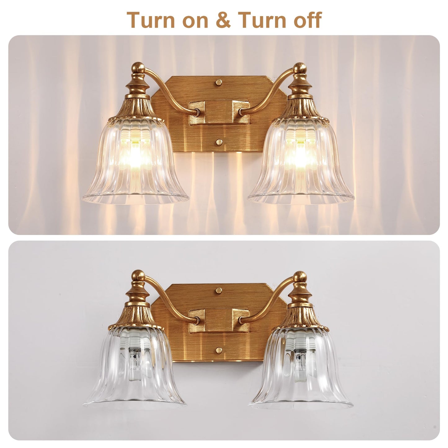 DvmTeom Gold Vintage Bathroom Light Fixtures, 2-Lights Bathroom Vanity Light, Antique Brushed Gold Lighting Fixtures Over Mirror with Crystal Glass Shade, Wall Sconce Lighting