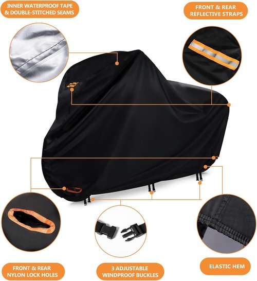Bike Cover - Waterproof Outdoor Bicycle Cover with Lock Holes & 3 Buckles | Heavy Duty 420D Ripstop Material for Bikes Up to 68 Inches