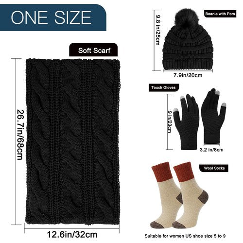 Double Couple 4pcs Winter Beanie Hat Scarf Touch Screen Gloves and Warm Knit Wool Socks Set for Women Knit Hat with Faux Fur Ball Scarves Glove