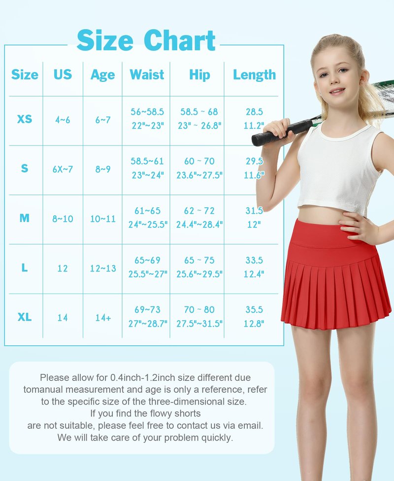 QooNoo Girls Pleated Tennis Skirts with Shorts Athletic Skirt with Side Pocket High Waist Active Skort for Girl Youth Kids Teen(Red,Medium)