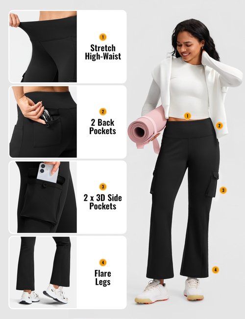 ISEEGZ Women's Hiking Pants Fleece Lined High Waisted Thermal Flare Leggings for Women 6 Pockets Outdoor Travel Casual A-Black