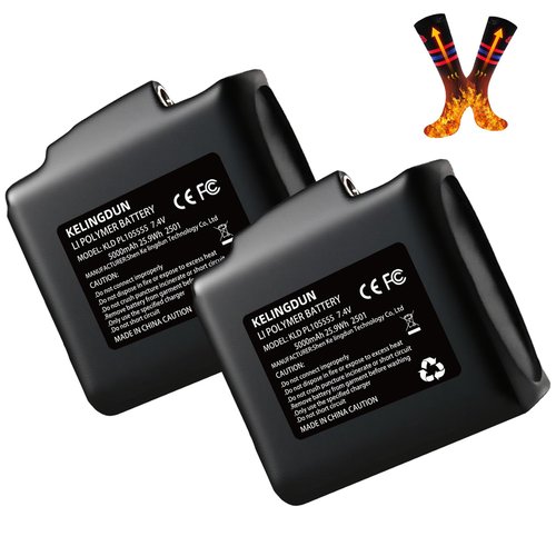 kelingdun 2pcs 5000mAh 7.4V Lithium Polymer Batteries.Rechargeable Li-Polymer Batteries for Heated Gloves, Socks,and Jackets, Ideal for Skiing,Fishing,and Winter Sports. Female DC Jack Compatibility.