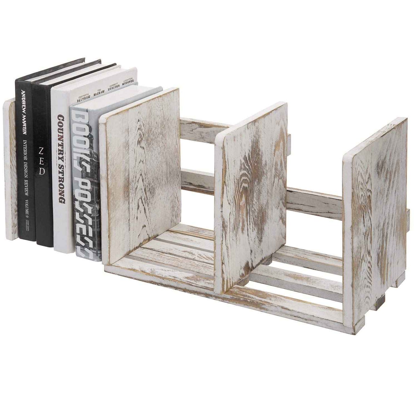 MyGift Rustic Expandable Whitewashed Wood Desktop Bookshelf/Adjustable Tabletop Book Holder Organizer Rack