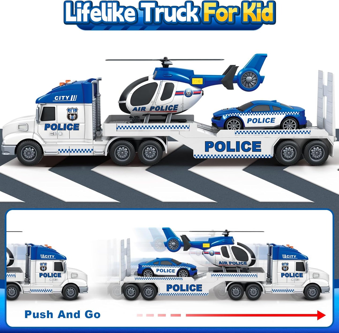 SpringFlower Police Truck Toy Set - Extra Large 3-in-1 with Racing Car & Helicopter | Perfect Birthday Gift for Boys & Girls Ages 3-6