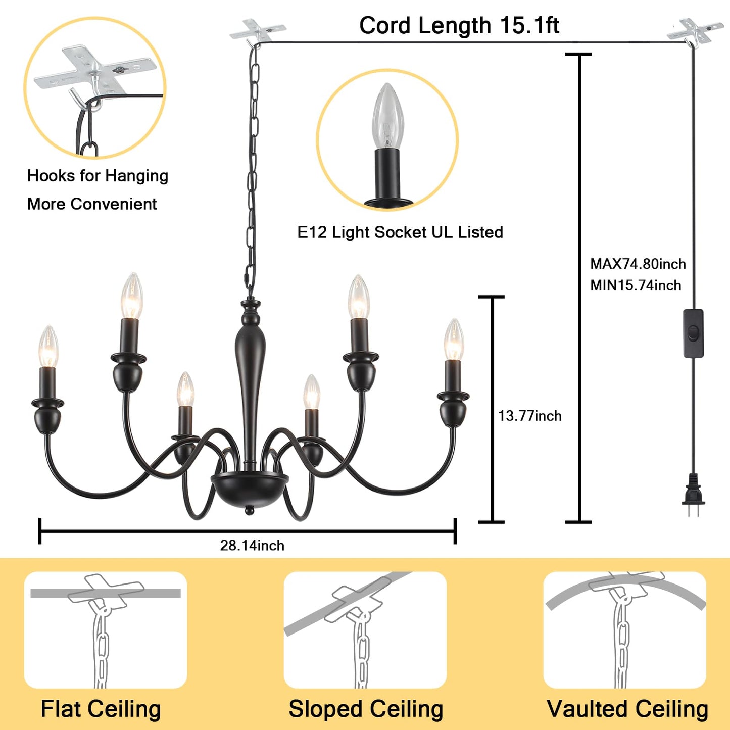 LXWNYY Plug in Chandelier with Long Cord 15.1ft, 6 Lights Farmhouse Light Fixtures Hanging Lights with Plug in Cord, Black Plug in Candle Chandier for Living Dining Room Bedroom Kitchen