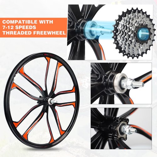 24 Inch Mountain Bike Wheelset, Lightweight Aluminum Alloy Disc Brake Wheels, 10 Spokes, 7-12 Speeds Threaded Freewheel, Universal Fit for 6 Bolts Disc Brake Mountain/Folding/Cruiser/BMX/Kids Bike