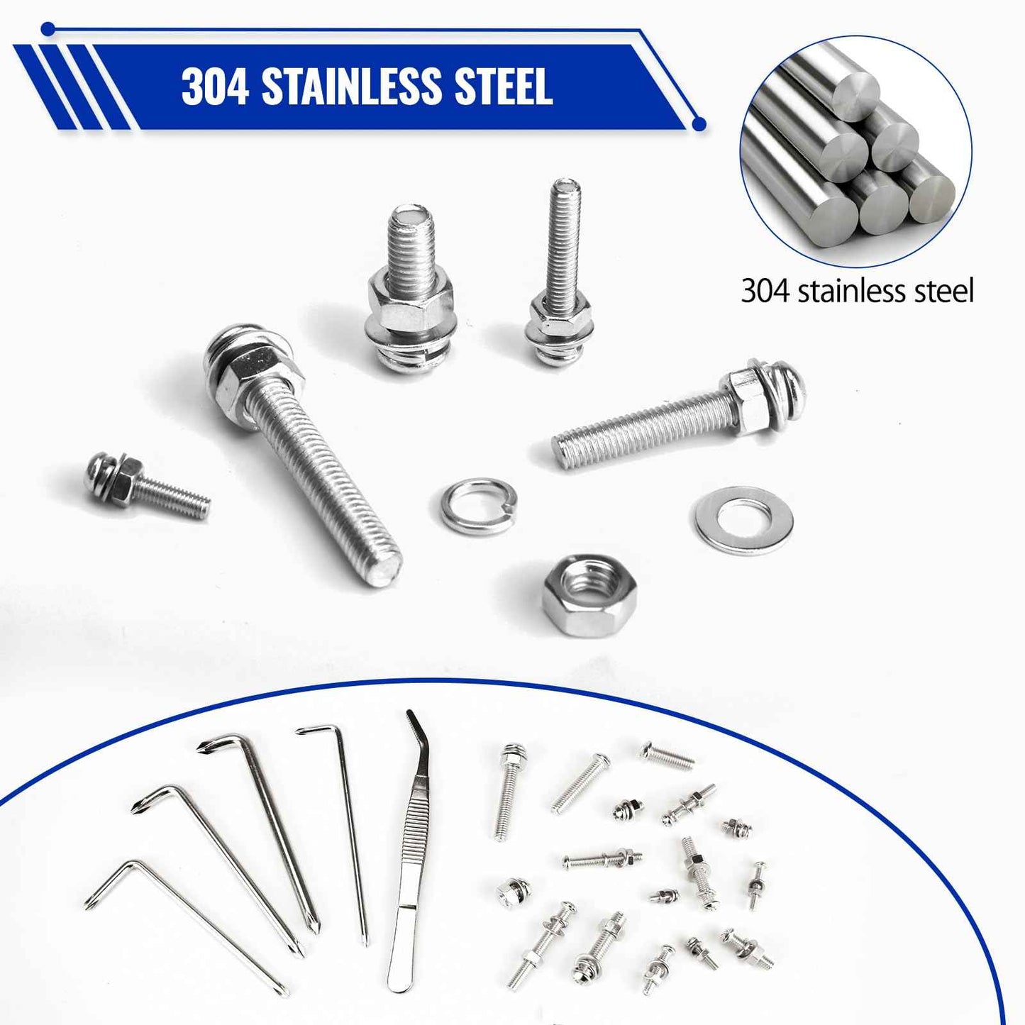 1218 Pcs Screws Bolts and Nuts Assortment Kit with 4 Pcs Screws Wrenches,304 Stainless Steel M3 M4 M5 M6 Metric Machine Screws Nuts Flat Washers and Lock Washer Kit, Anti Rust Screws Set