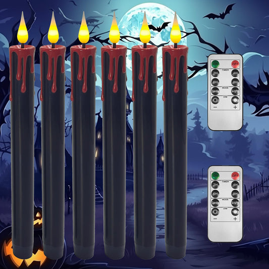 SUNGEGE Flameless Bleeding Candles – 6 Pack, Black LED Taper Candles with Red Dripping Wax Effect, 0.8 x 9.9 Inches, Includes 2 Remotes – Creepy Halloween Decor for Haunted Houses & Horror Parties