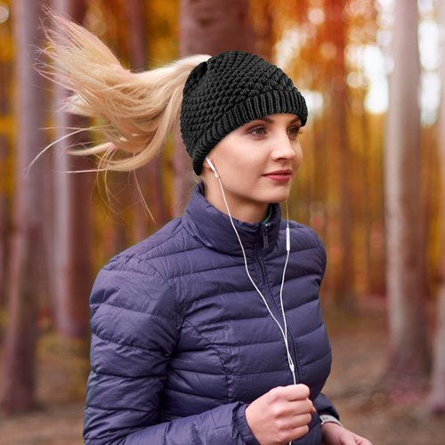 Lvaiz Hats Satin Lined Ponytail Beanie Knit Winter Hat for Women High Messy Bun Hat with Ponytail Hole Warm Skull Cap Women Black