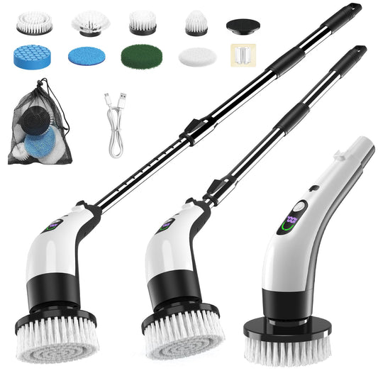 Electric Spin Scrubber with Power LCD Display, Cordless Bathroom Cleaning Brush with Adjustable Extension Handle, 400RPM/Mins, 9 Replaceable Brush Heads, IPX7 Waterproof for Shower, Bathtub, Tile