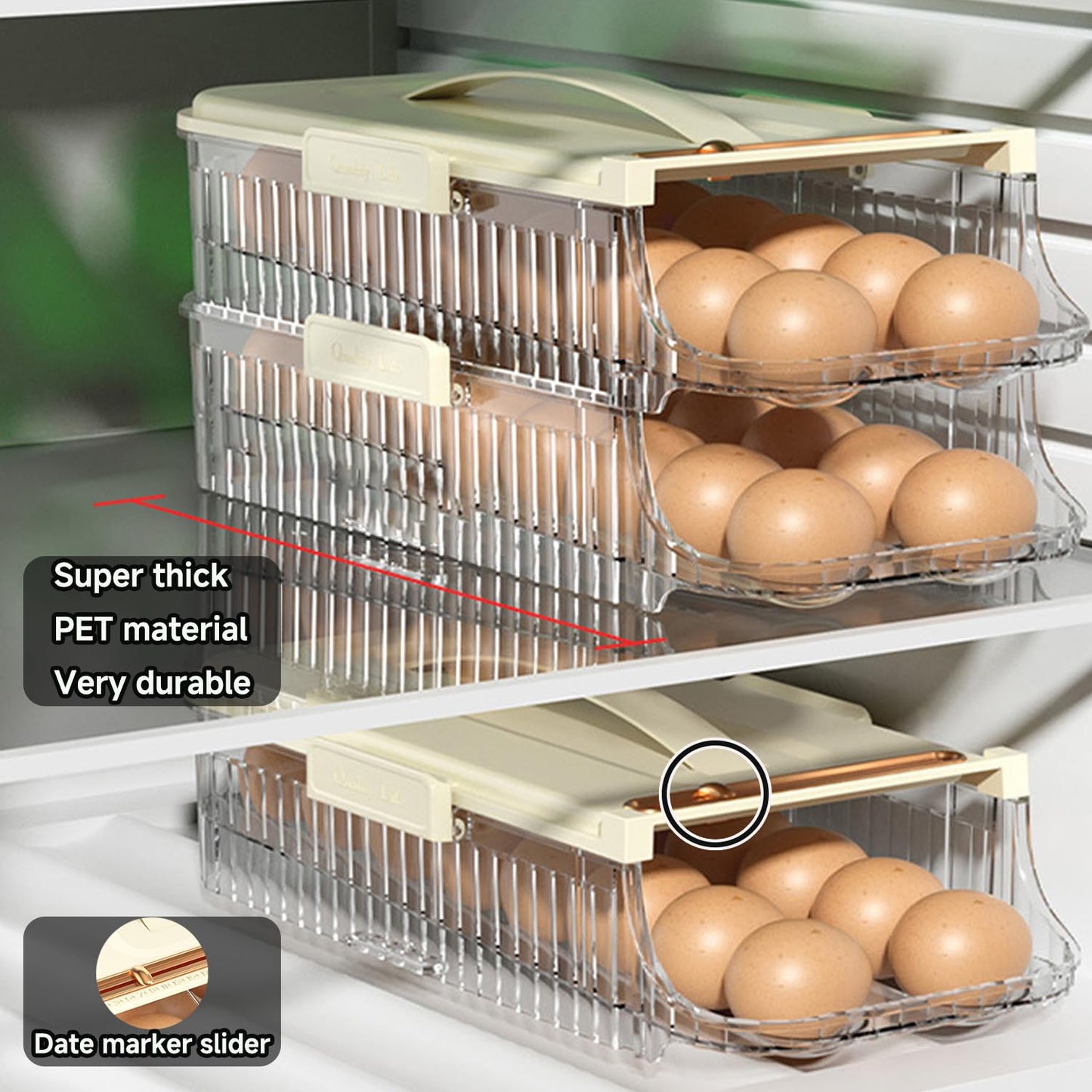 SYXLTSH Egg Holder for Fridge Automatic Rolling, Egg Storager Container Organizer Dispenser for Refrigerator Stackable Removable Inner Tray, Egg Accessories (Clear, 1 Row-2 Tiers)