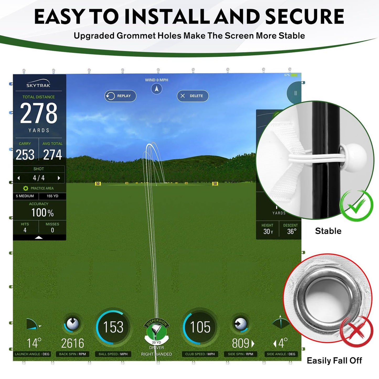Golf Impact Screen with Upgraded Grommet Slings, 3D Air Mash Golf Simulator Impact Screen for Training, Professional Impact Screen Hitting Mat for Home, Indoor, Outdoor