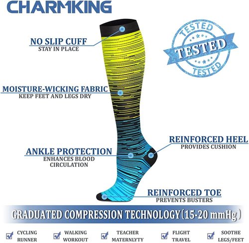 CHARMKING Compression Socks - 15-20 mmHg Circulation Support for Athletic Running & Cycling (8 Pairs)