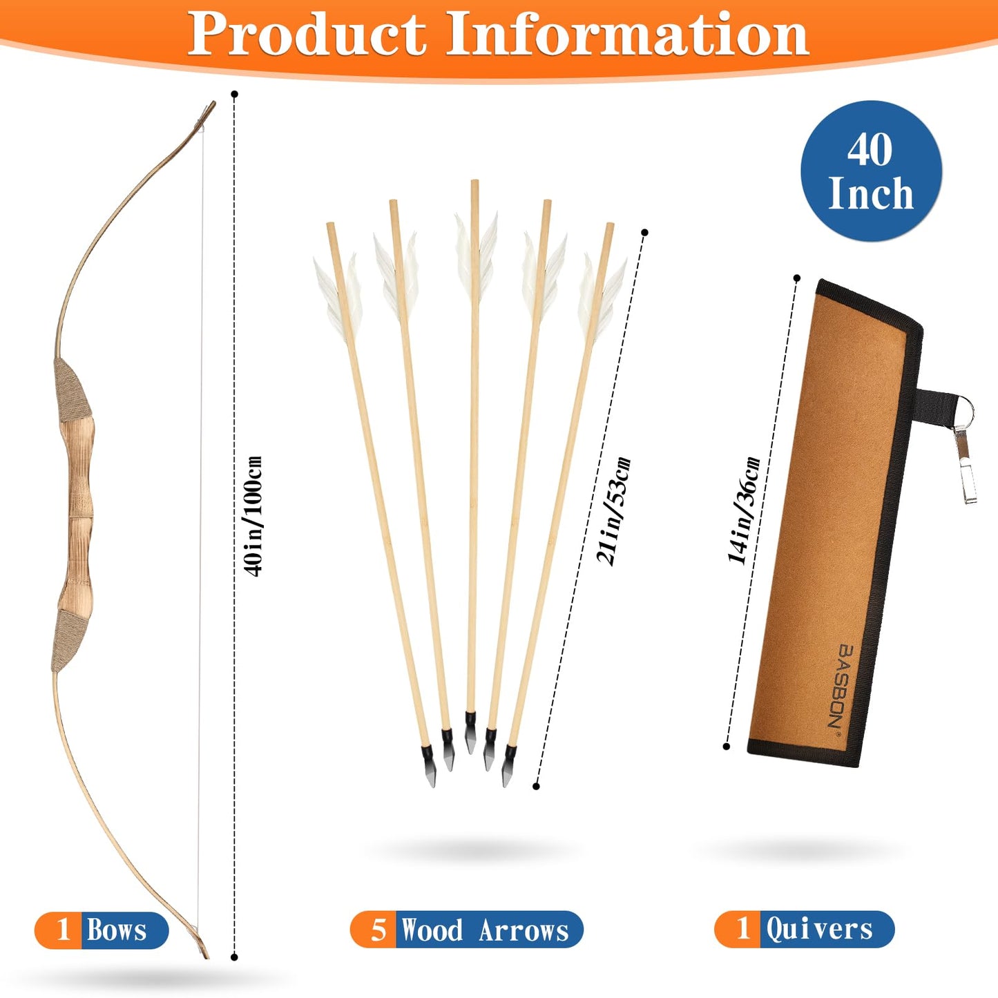 Youth Archery Bow and Arrow Set for Kids, 40" Handmade Wooden Bow and Arrow Prop Costume Cosplay Games Toys, Archery Set with 1 Bows 1 Quivers 5 Feather Arrows, Gifts for Kids Youth Adult Boys Girls