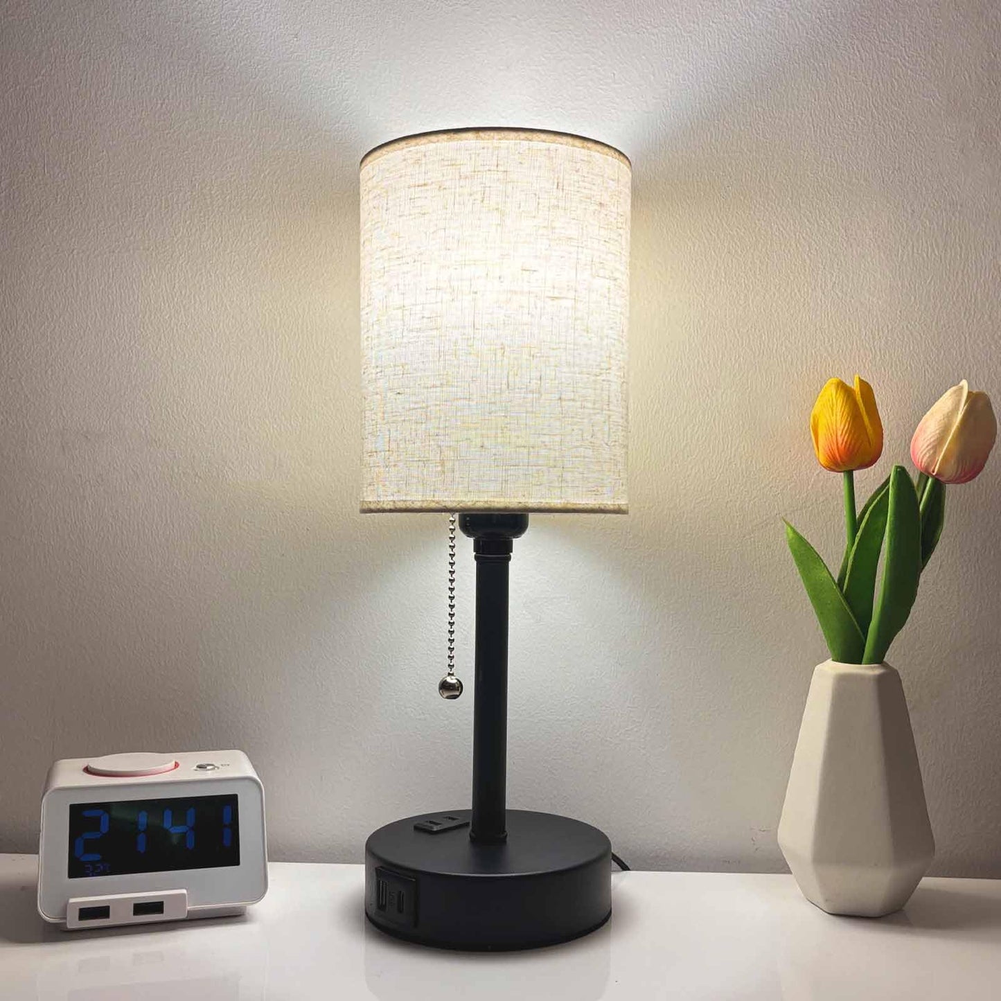 Small Bedside Table Lamp for Nightstand with USB & Outlet, 3 Color, Matte Black, Beige Lampshade (LED Bulb Included)