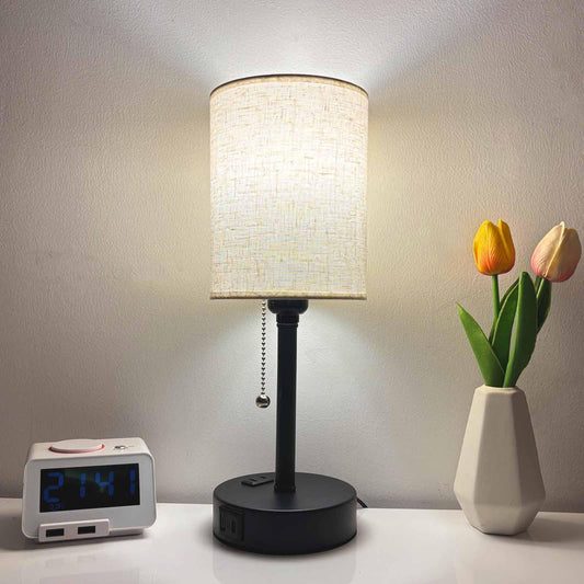 Small Bedside Table Lamp for Nightstand with USB & Outlet, 3 Color, Matte Black, Beige Lampshade (LED Bulb Included)