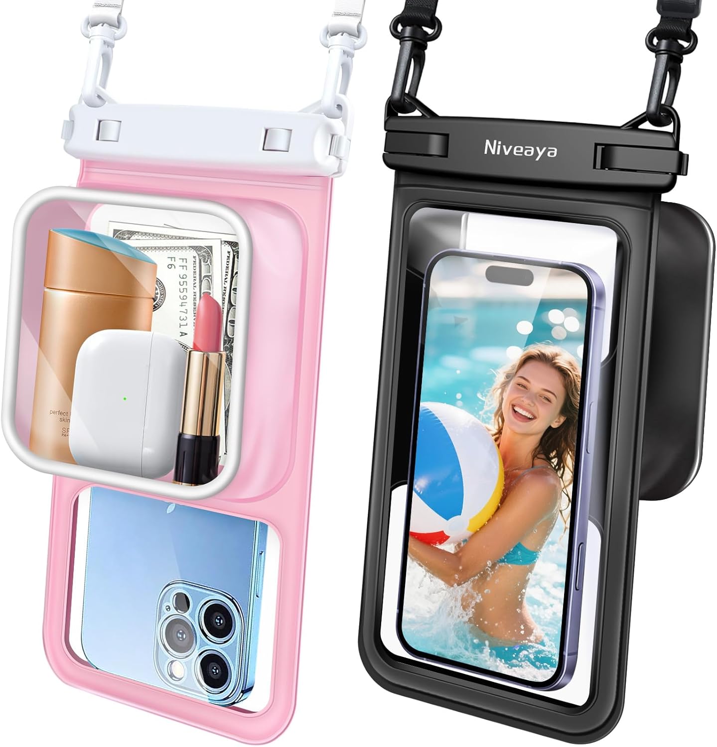 Niveaya Floatable Waterproof Phone Pouch - 2 Pack with Adjustable Neck Lanyard | Fits Up to 8.5" Devices