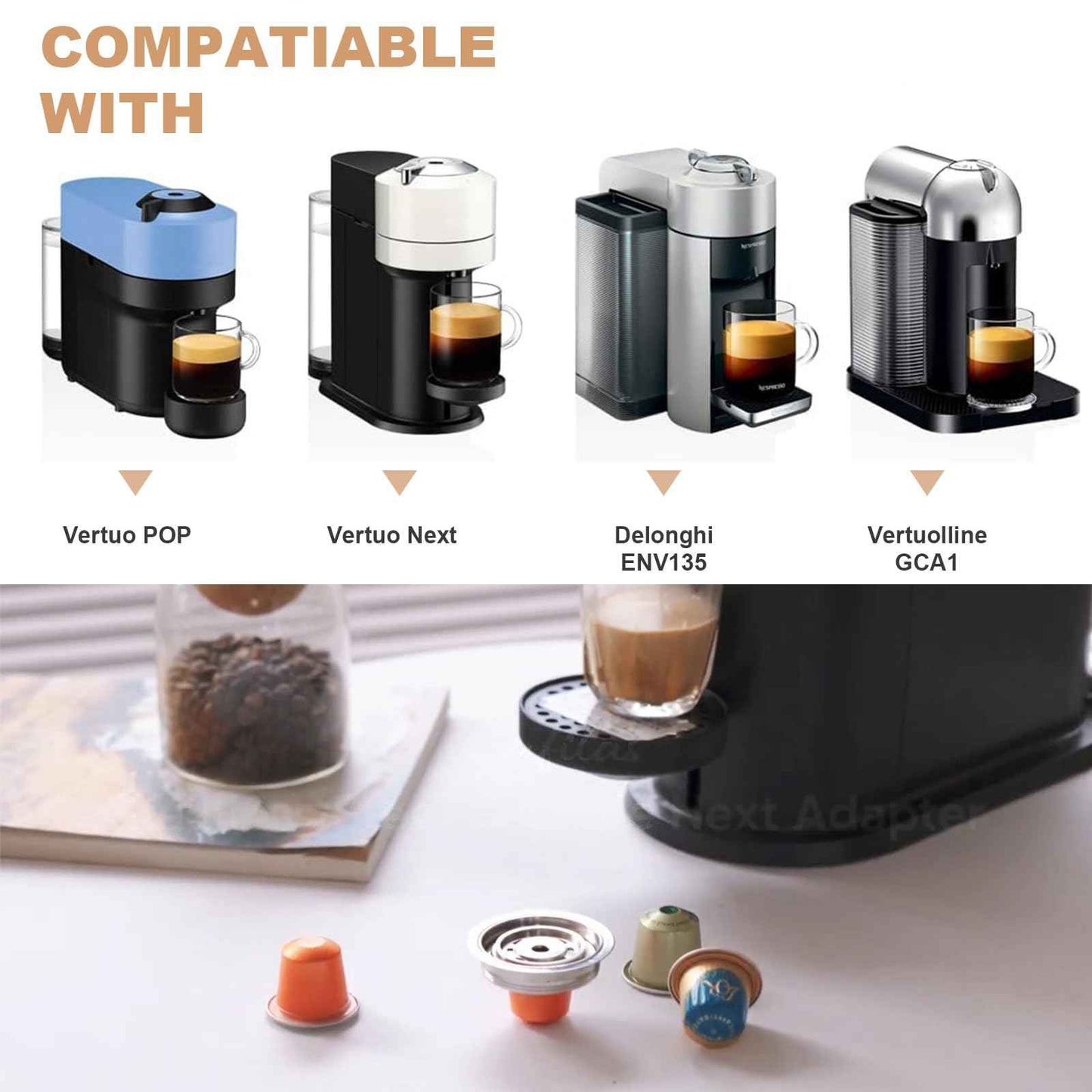 Reusable Coffee Capsule Adapter for Nespresso Vertuo Machines, Stainless Steel Coffee Pod Adapter with 4 Stickers, Compatiable with Vertuo POP/Vertuo Next/Delonghi ENV135/ Vertuolline GCA1 (150 ml)