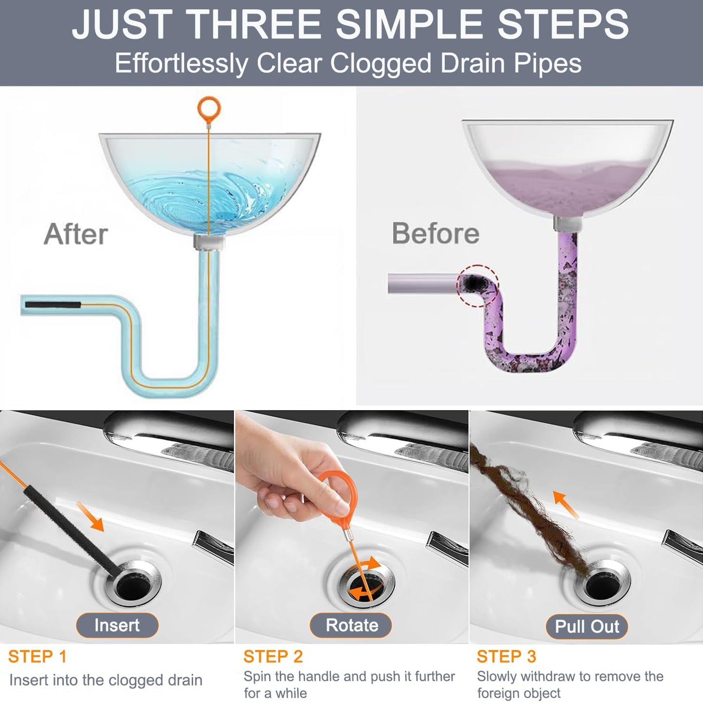 Hair Catcher Drain Auger Cleaner Tool Set - 3 × 53 Inch Sink Snake + 1 × 35 Inch Drain Clog Remover, Set For Toilet, Kitchen Sink, Bathroom Tub, Sewer，4 Pack