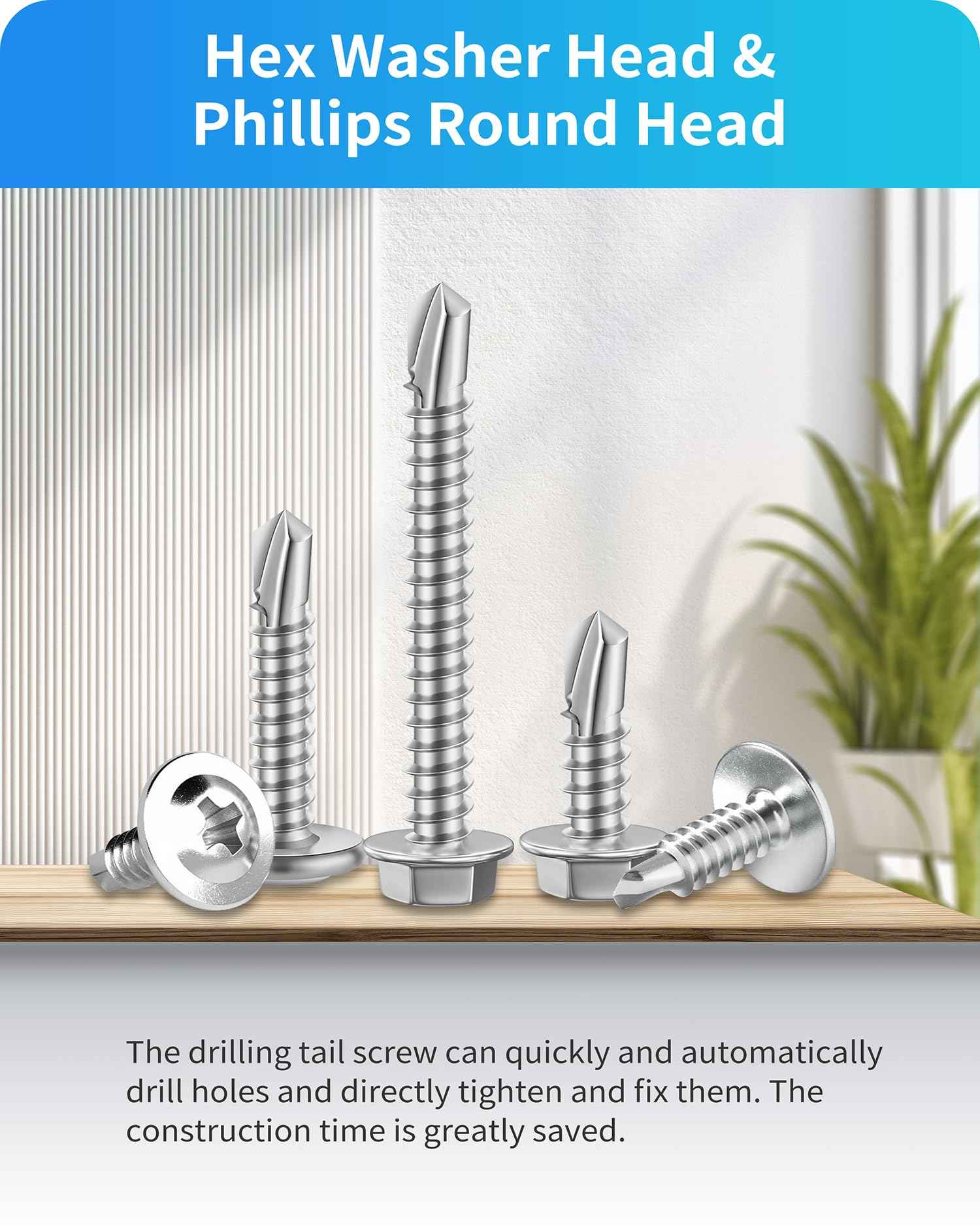 425PCS Self Tapping Screws for Metal, 410 Stainless Steel Self Drilling Screw #8#10 Phillips Wafer & Hex Washer Screws for Metals Assortment Kits, Length 1/2" 3/4" 1" 1-1/2" 2" (Silver)