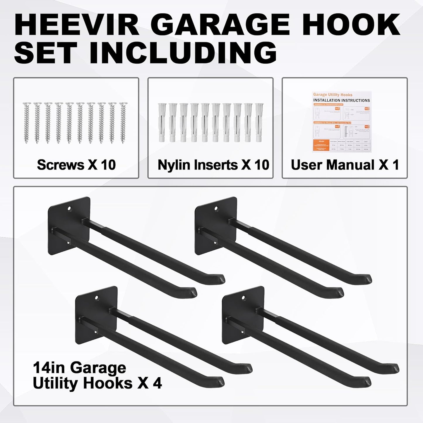 Heavy Duty 14-Inch Garage Hooks - 4-Pack Wall Mount Tool Organizer for Tires, Ladders & Garden Tools