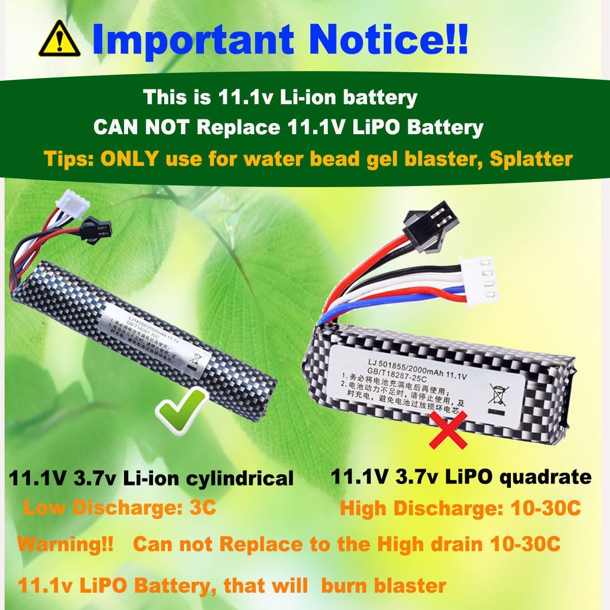Skiennix Water Bead Gel Ball Blaster - 11.1V 2000mAh Rechargeable Battery with USB Charging Cable | 1-Pack