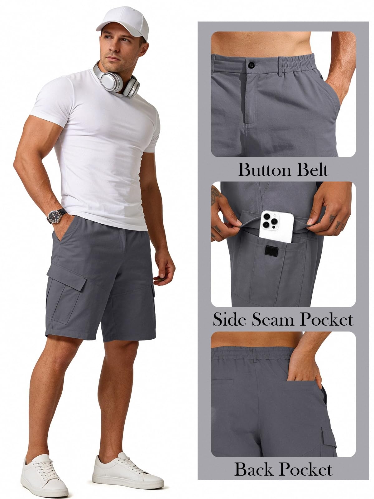 TRFIC Mens Cargo Shorts 10" Inseam Casual Stretch Shorts with 6 Pockets Button Closure for Summer Work Outdoor Dark Gray
