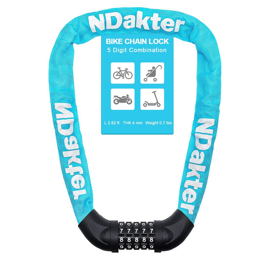 NDakter Bike Chain Lock, 5 Digit Combination Heavy Duty Anti Theft Bicycle Chain Lock,2.62/3.2/4.27/5/6Ft Long Security Resettable Bike Locks for Bike, Bicycle, Scooter, Door, Gate, Fence-4/6mm Thick