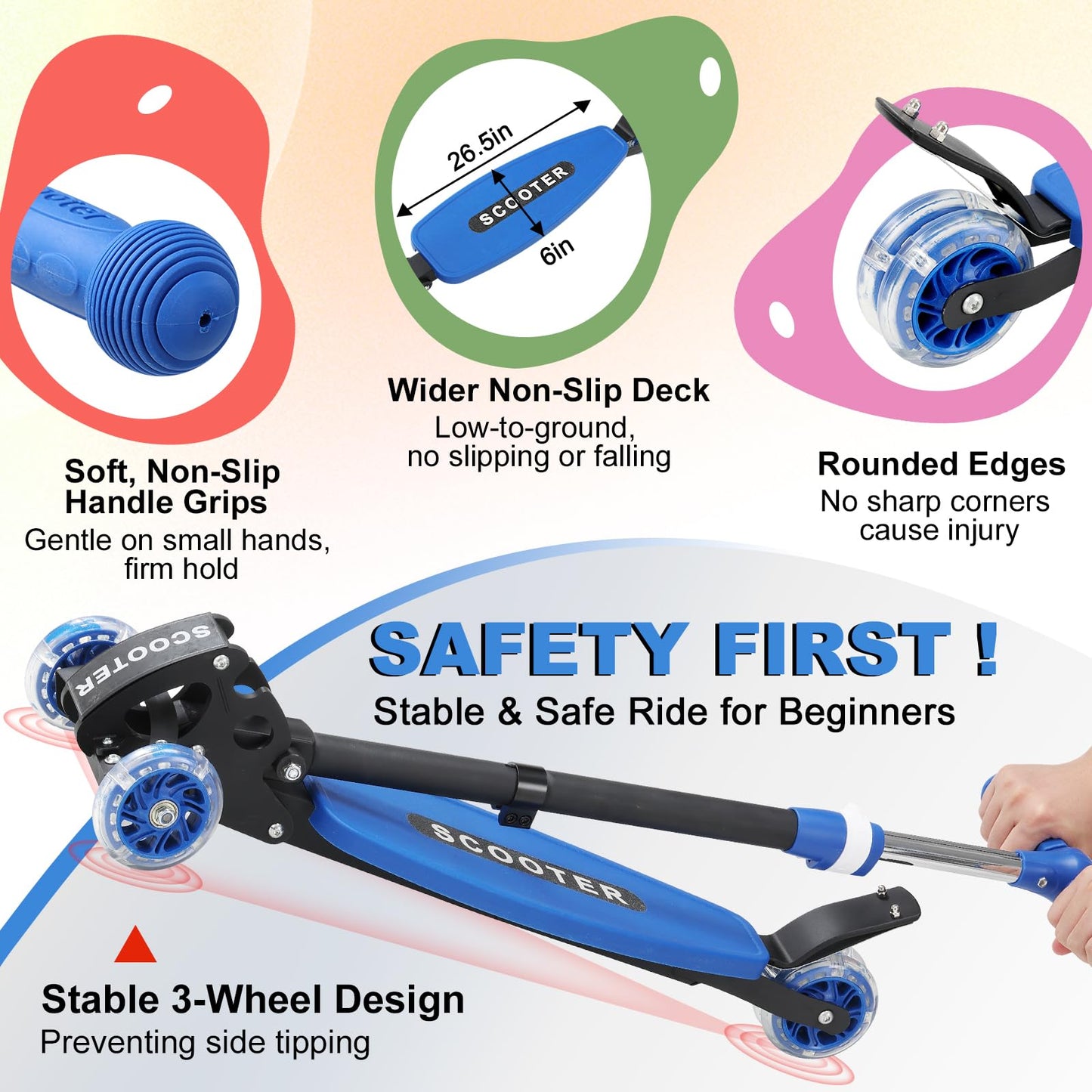 Scooters for Kids 6-8 8-12, Folding, 3 Light up Wheels Kick Scooter,3 Adjustable Height Handlebars, Lean-to-Steer,Widen Anti-Slip Deck, Heavy Duty Scooter for Boys Girls Ages 6-12,up to 170 Lbs