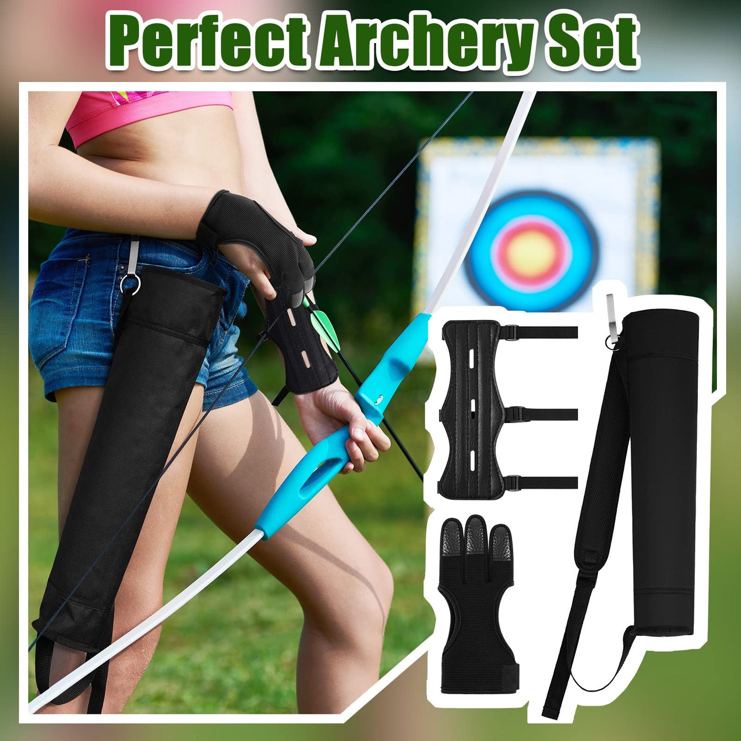 3 Pcs Archery Accessories Including Protective Archery Arm Guard Leather Padded Three Finger Hunting Gloves Back Arrow Quiver Hip Arrows Bag for Men Women Youth Adults Beginners Hunting Shooting