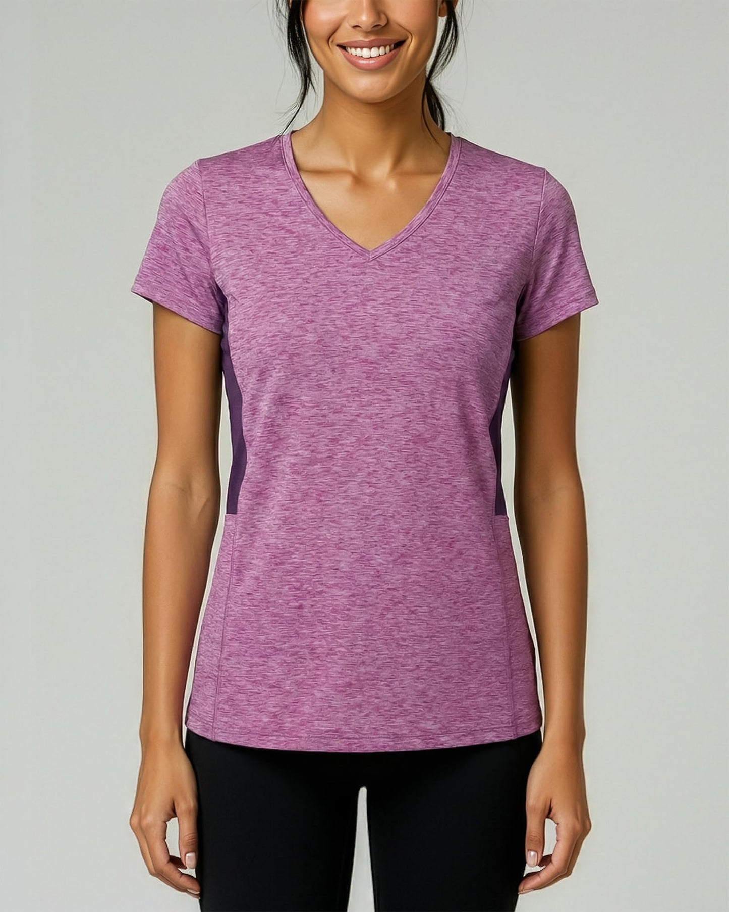 Real Essentials 5 Pack: Women's Dry-Fit Short Sleeve V Neck T Shirt Workout Fitness Yoga Top Tee, Set 4, L