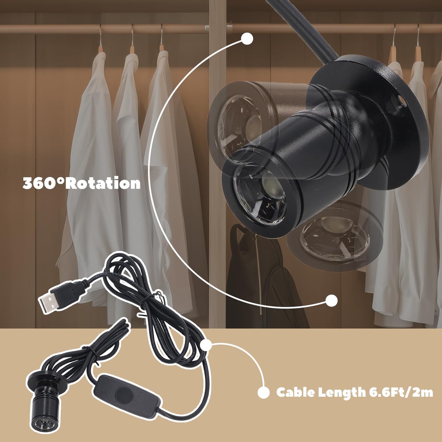 5V Dimmable LED Mini Spot Light with 6.6ft Cable, Jewelry/Indoor Picture/Art/Model Display Lights, USB Powered Spotlight for Jewelry Cabinets, Entryways, Tables Shelves (Warm White 3000K, 1 Pack)