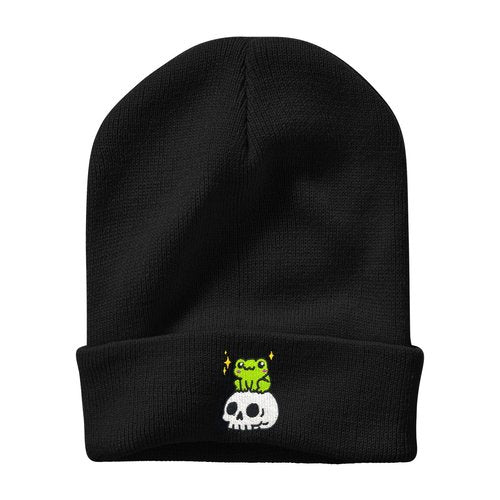 AIMASTZ Cute Frog Skeleton Embroidered Beanie Knit Hat for Men Women, Halloween Goth Graphic Winter Black Skull Cap