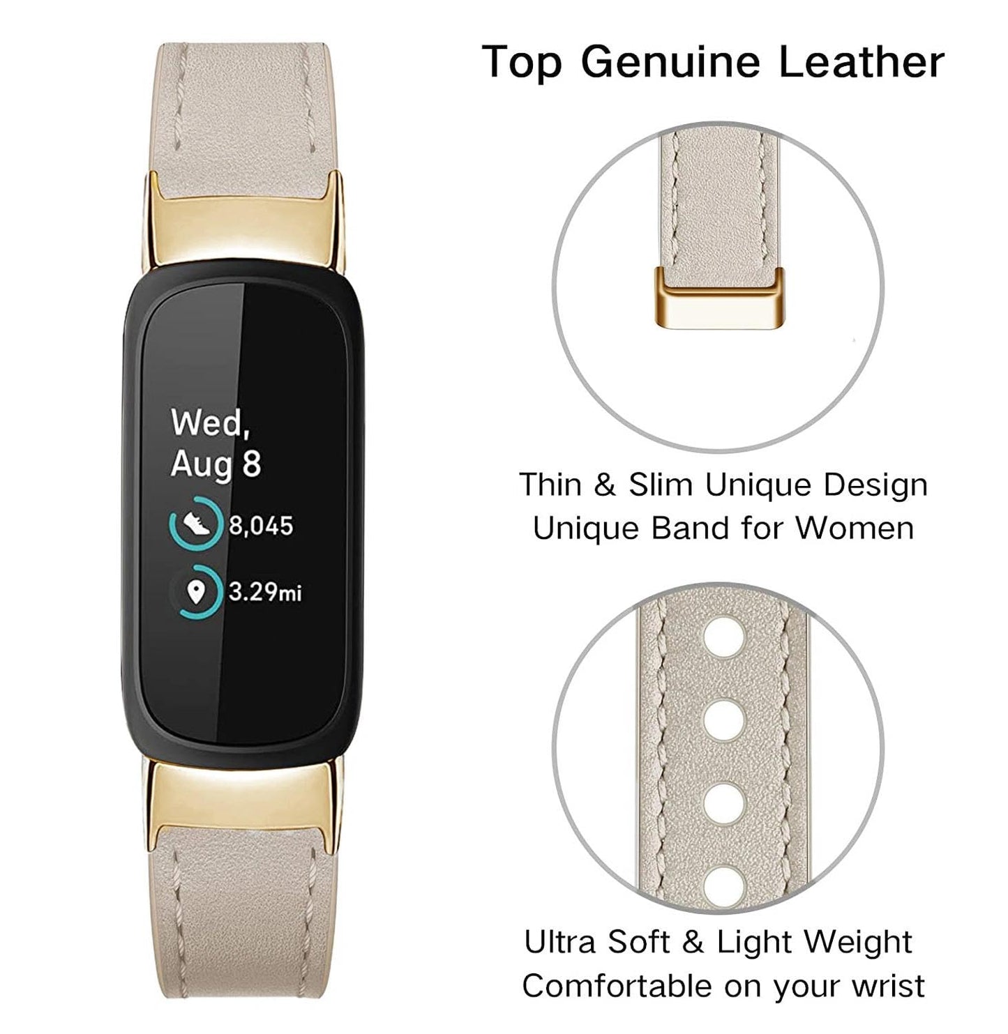 EVPLNT Leather Band for Fitbit Inspire 3 Bands Adjustable Sport Replacement Straps for Women (Beige/Gold)