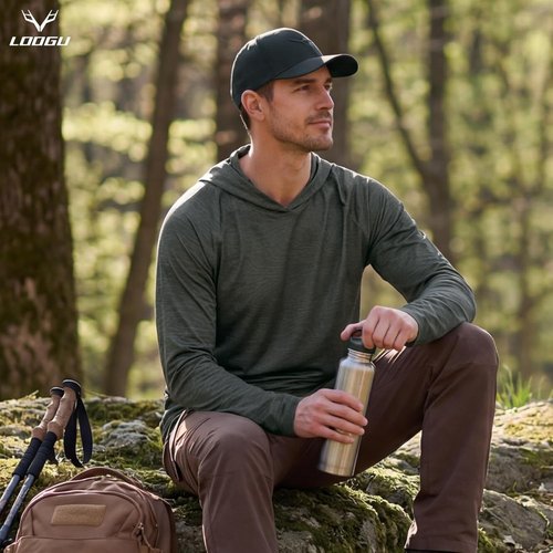 LOOGU Men's Sun Protection Hoodie - UPF 50+ Long Sleeve Lightweight Rash Guard for Fishing & Hiking
