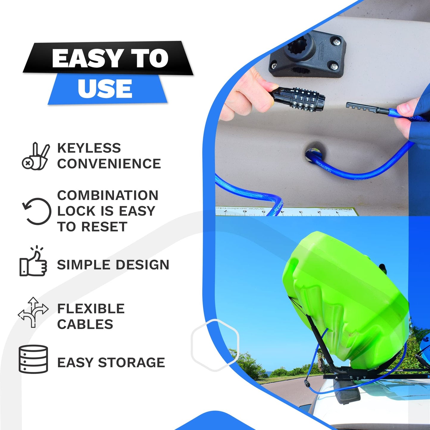 DocksLocks Weatherproof Straight Security Cable Lock (5ft to 25ft Lengths) with Resettable Combination, Anti-Theft Protection for Kayak, Bike, Paddleboard, Scooter, Equipment, Bicycles and More 5ft